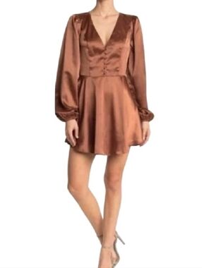 NWT Afrm X Nordstrom Madine Fit And Flare Satin Dress In Caramel Medium